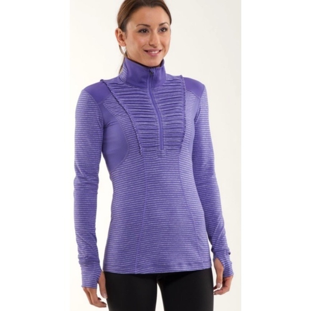 Lululemon Warm Heart 1/2 Zip Pullover Purple Striped Ruffle Running Top Womens S